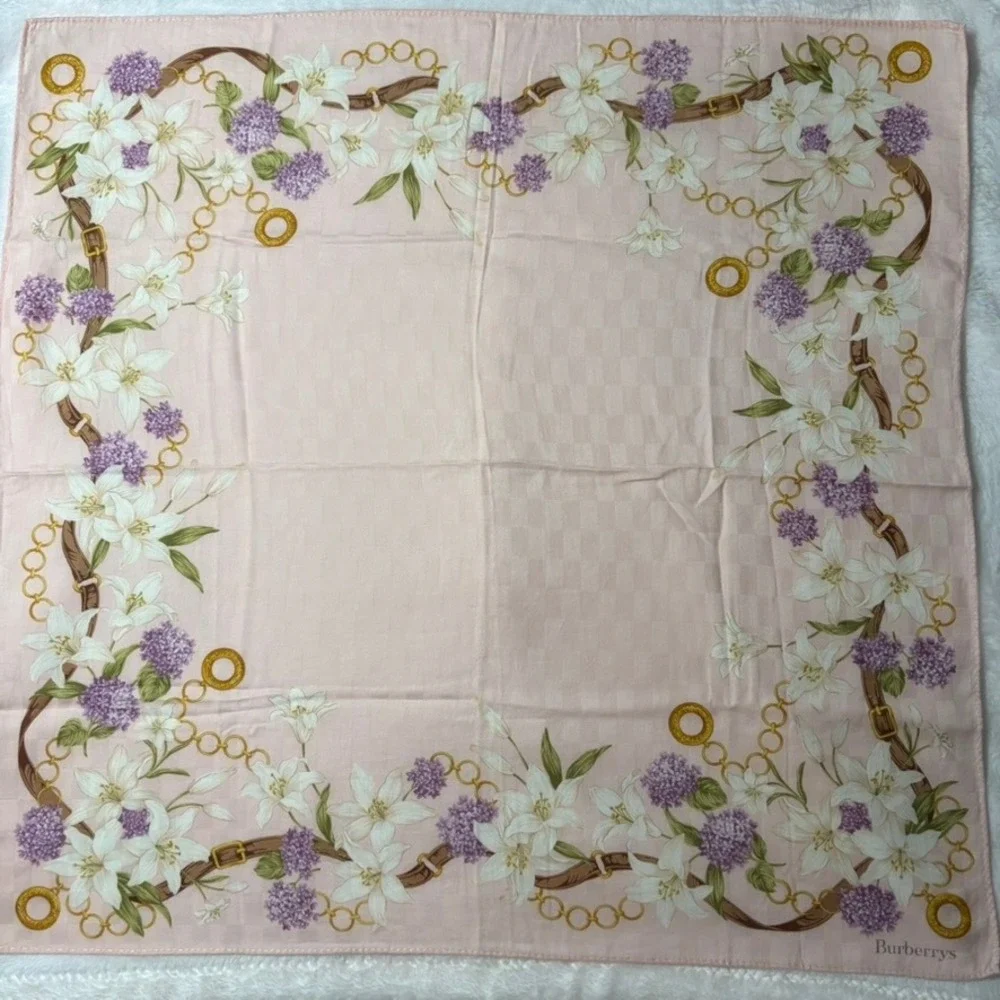Vtg BURBERRYS Scarf Handkerchief Floral Chain Belt Print Pink Cotton 19x19